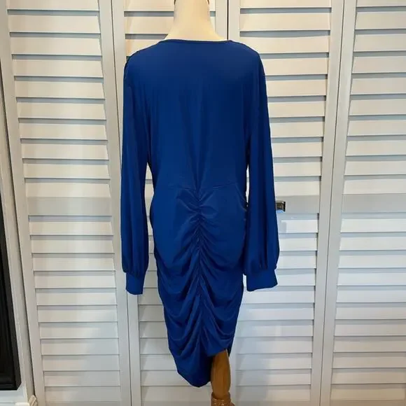 Royal Blue NWOT Dress with side ruched, long sleeves. - Picture 5 of 8